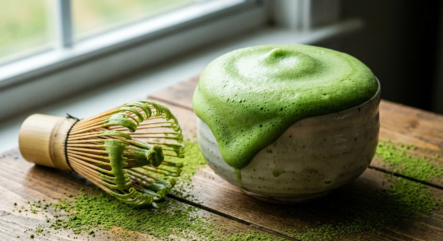 Close up of authentic ceremonial matcha bowl with creamy foam and vibrant green powder.