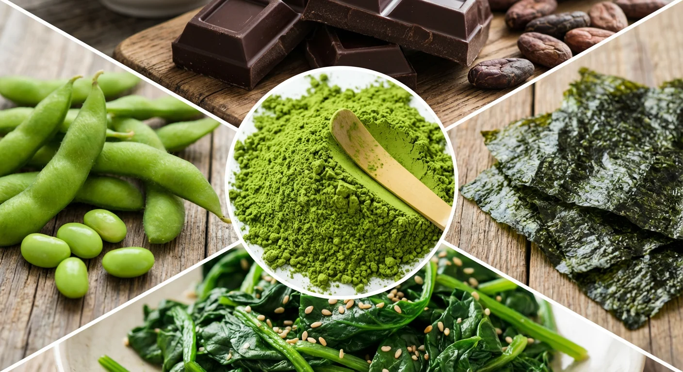 Matcha flavor notes visualization showing edamame, seaweed, and dark chocolate.