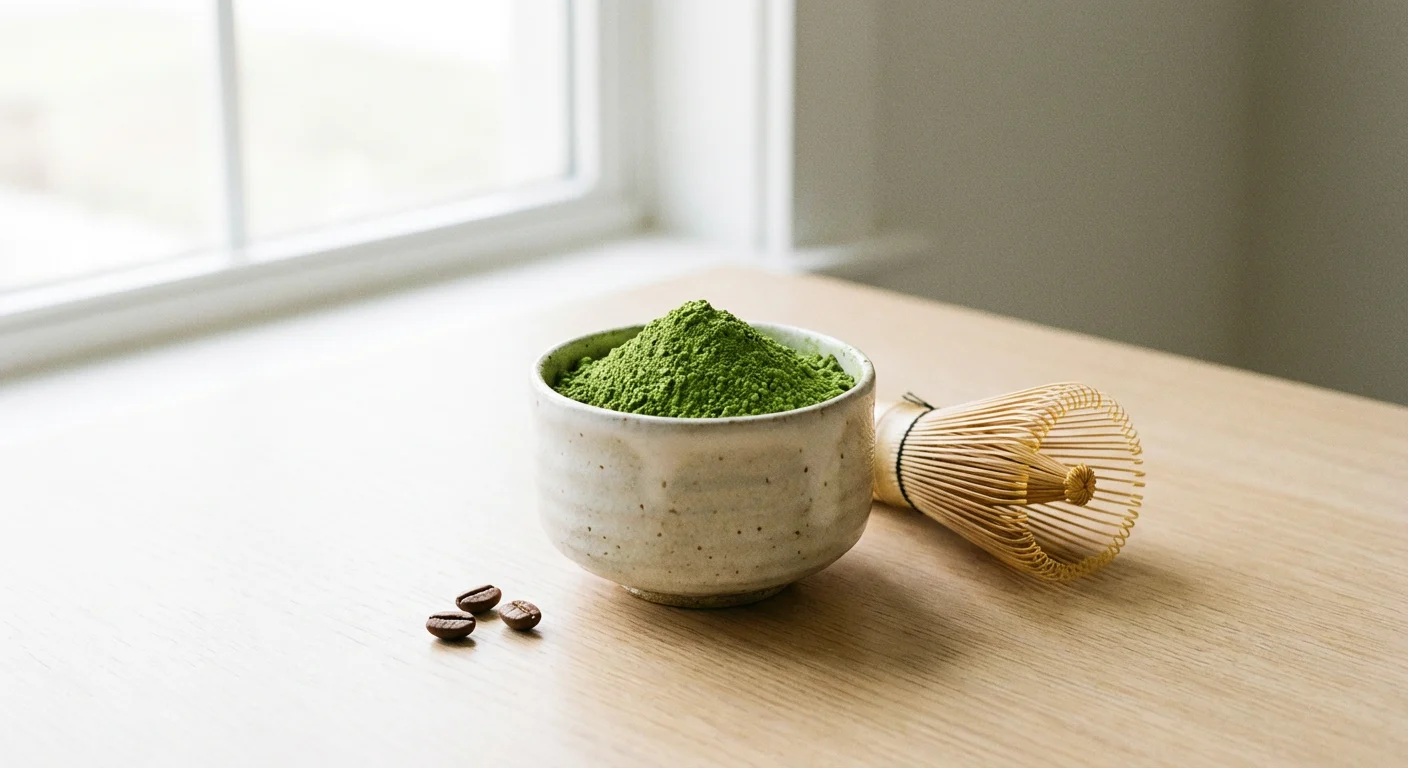 Ceremonial grade matcha powder in a bowl next to a bamboo scoop.