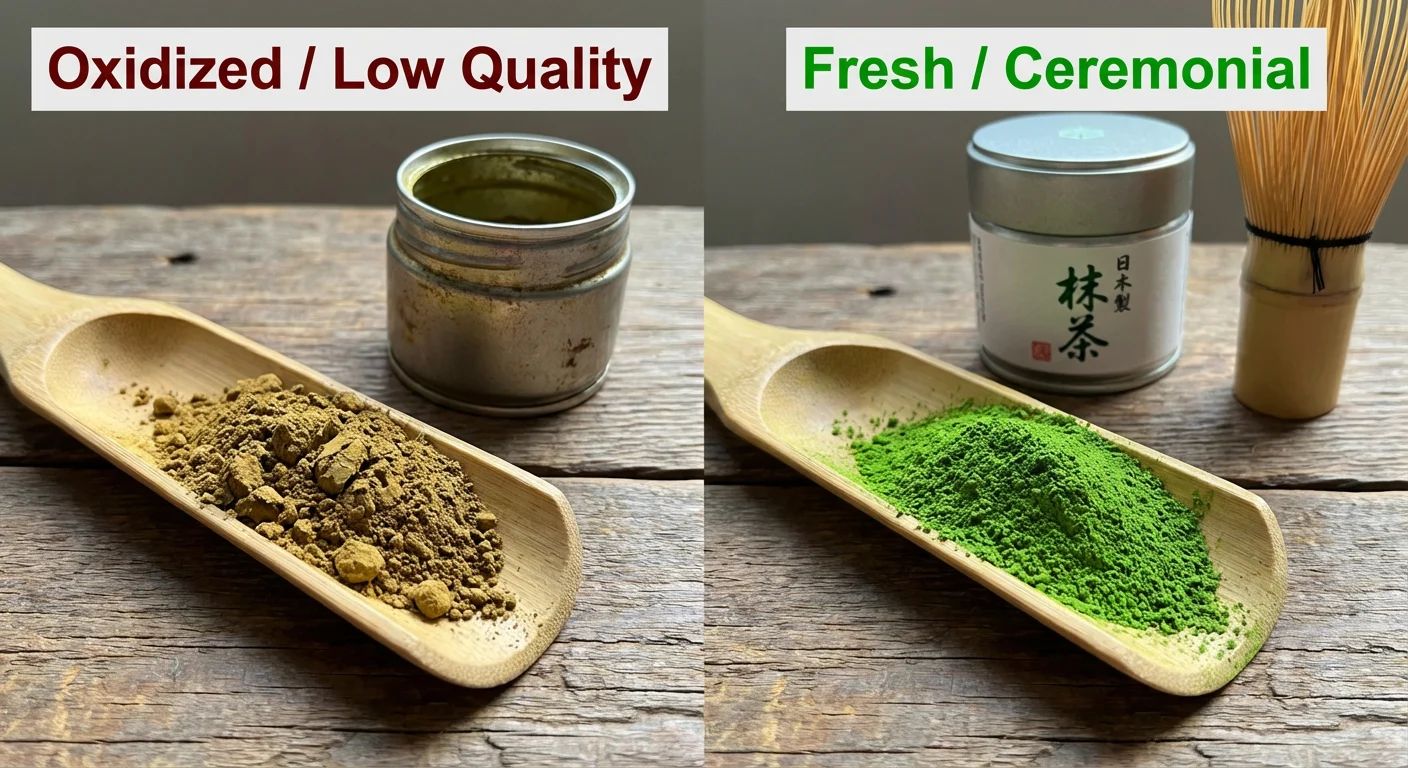Color comparison between oxidized brown matcha and fresh vibrant green ceremonial matcha.