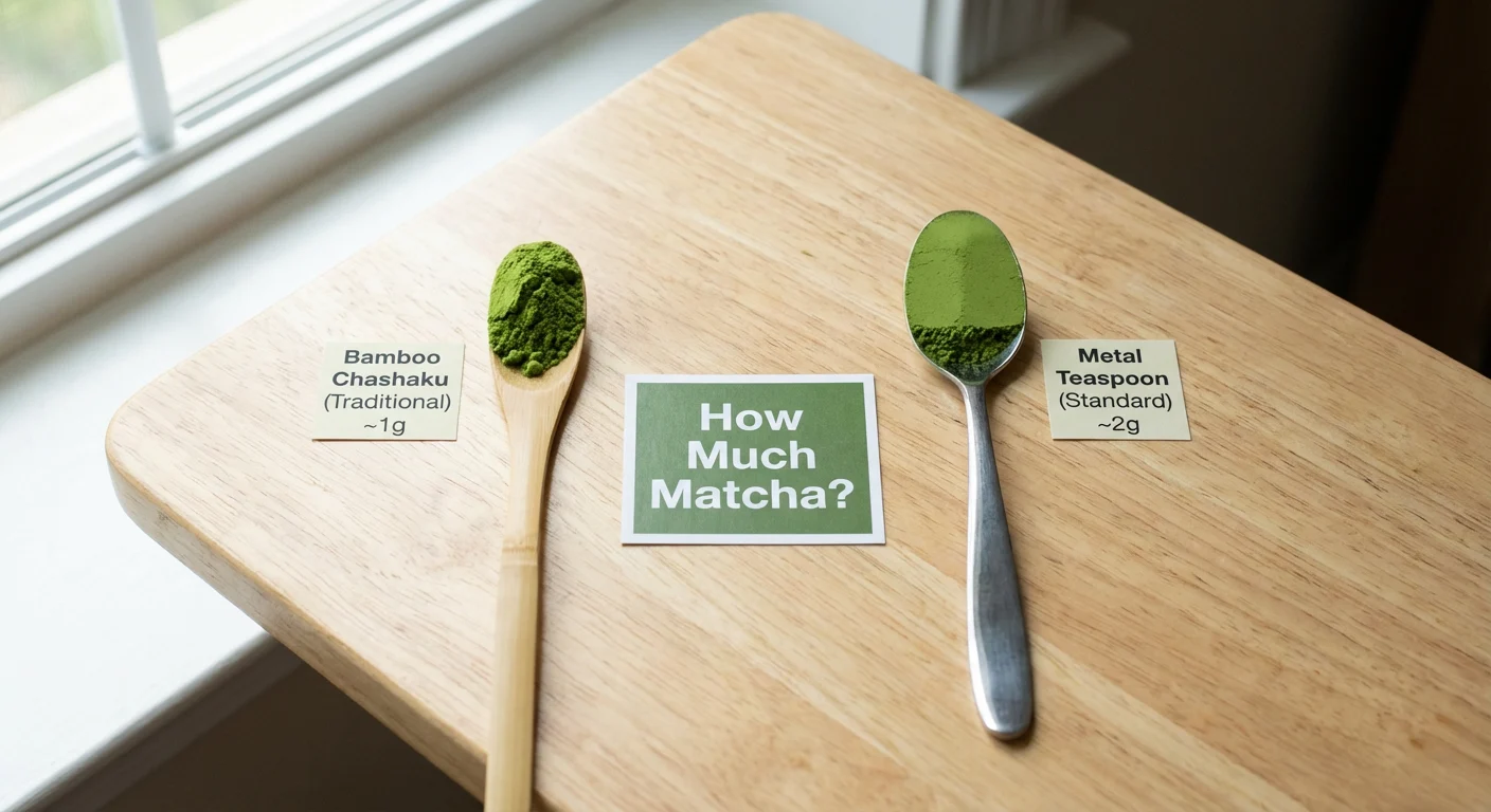 Visual comparison of matcha powder quantity in a traditional bamboo scoop versus a standard teaspoon.