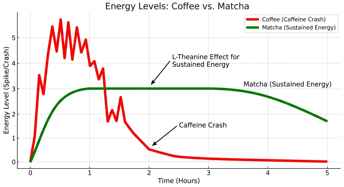 Graph showing the sustained energy release of matcha versus the caffeine crash of coffee.