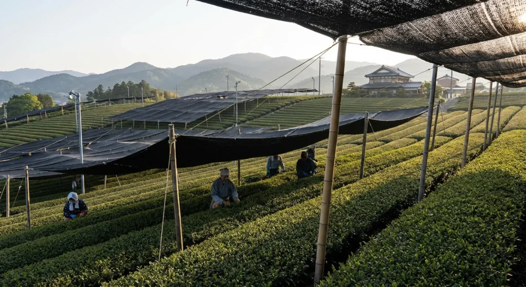 Shaded green tea fields in Japan producing high l-theanine matcha.