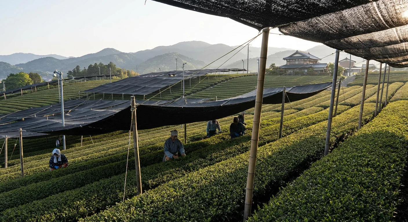Shaded green tea fields in Japan producing high l-theanine matcha.