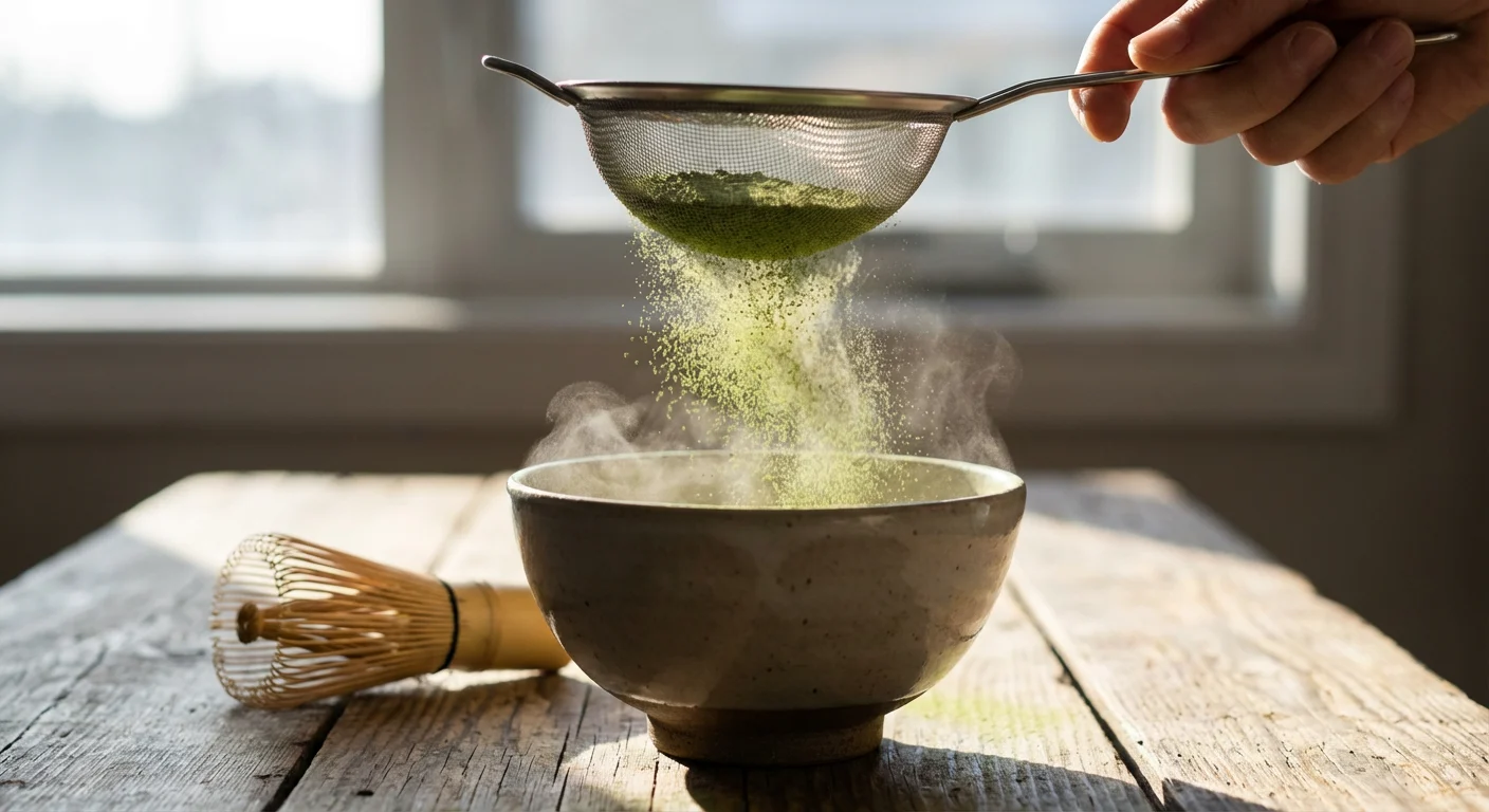 Sifting matcha powder through a fine mesh strainer to prevent clumps and gritty texture.