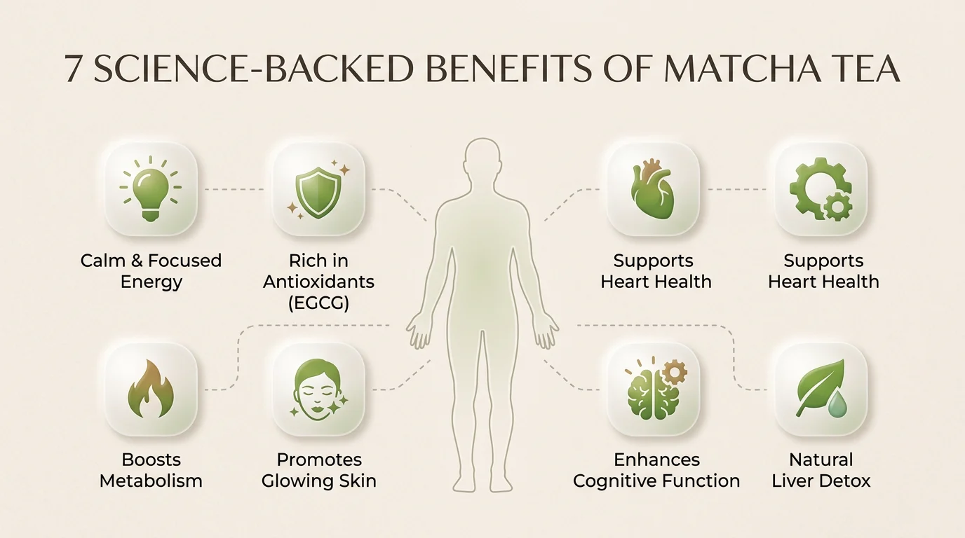Infographic summarizing the top 7 science-backed health benefits and advantages of drinking matcha tea.