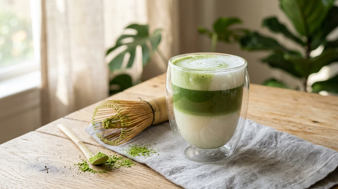 A vibrant, frothy cup of ceremonial grade matcha tea highlighting the health benefits and natural energy.