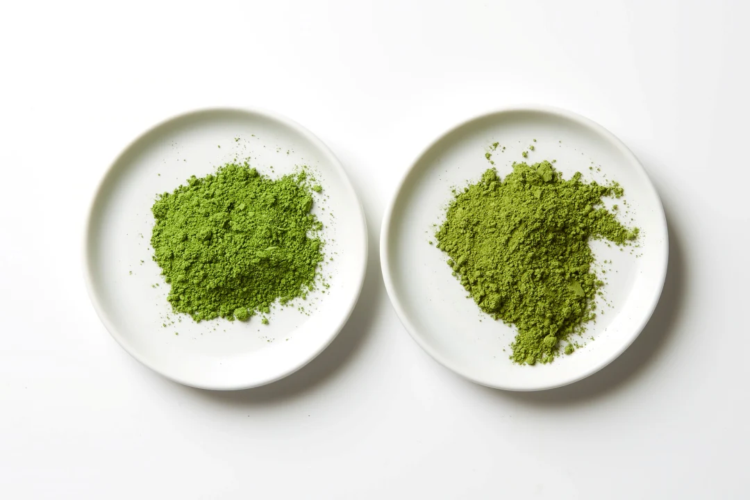 Color comparison between premium ceremonial grade and bulk culinary grade matcha powder