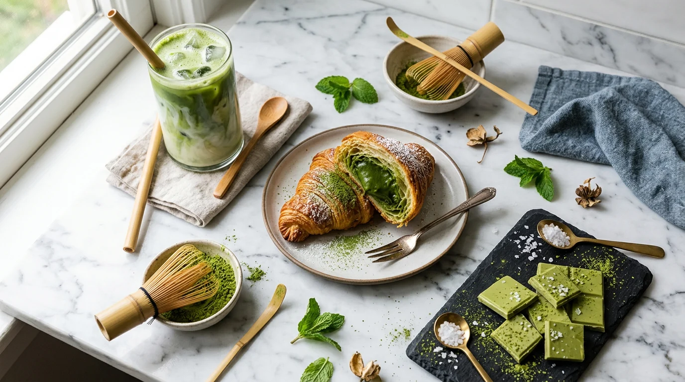 Matcha de calidad culinaria utilizado en pastelería comercial para croissants de matcha y cafés con leche.