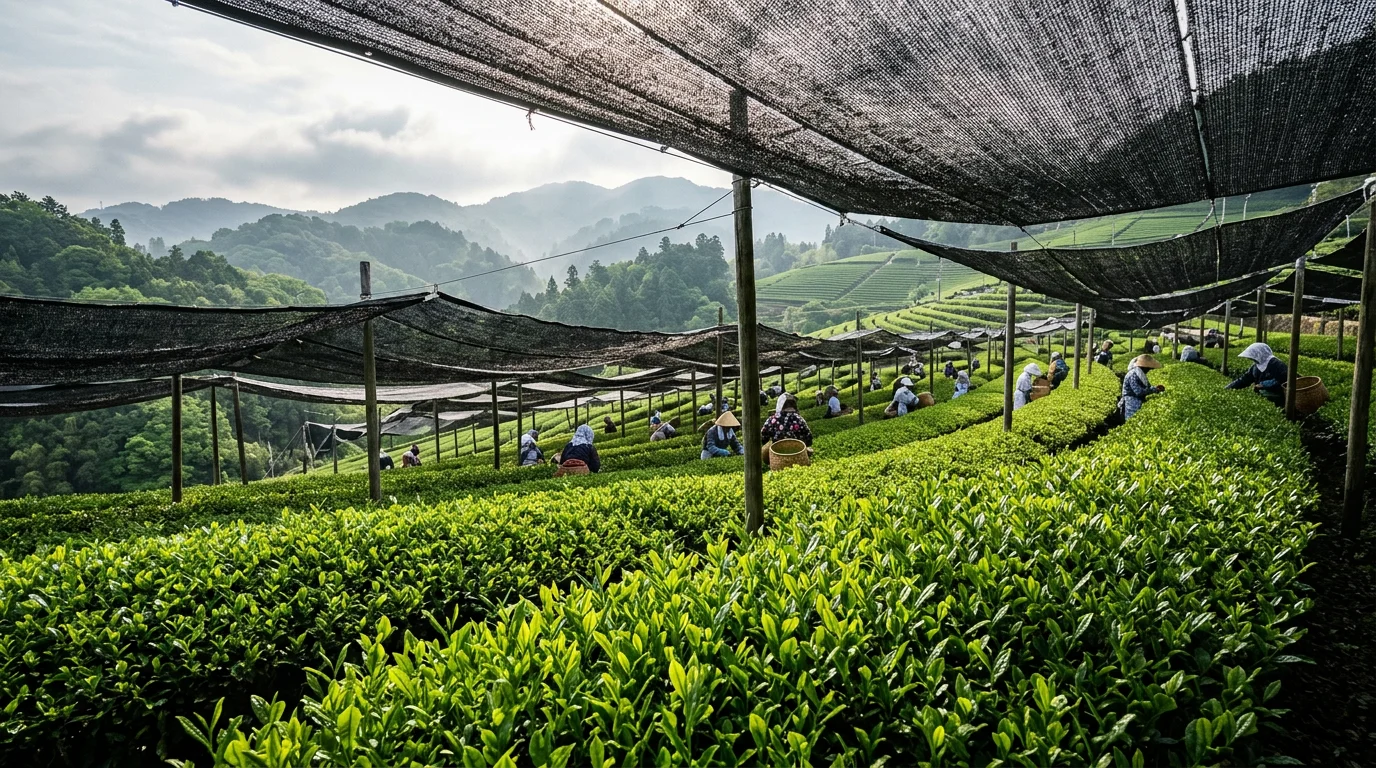 Japanese tea farmers using the Tana shading technique to cultivate premium ceremonial matcha leaves
