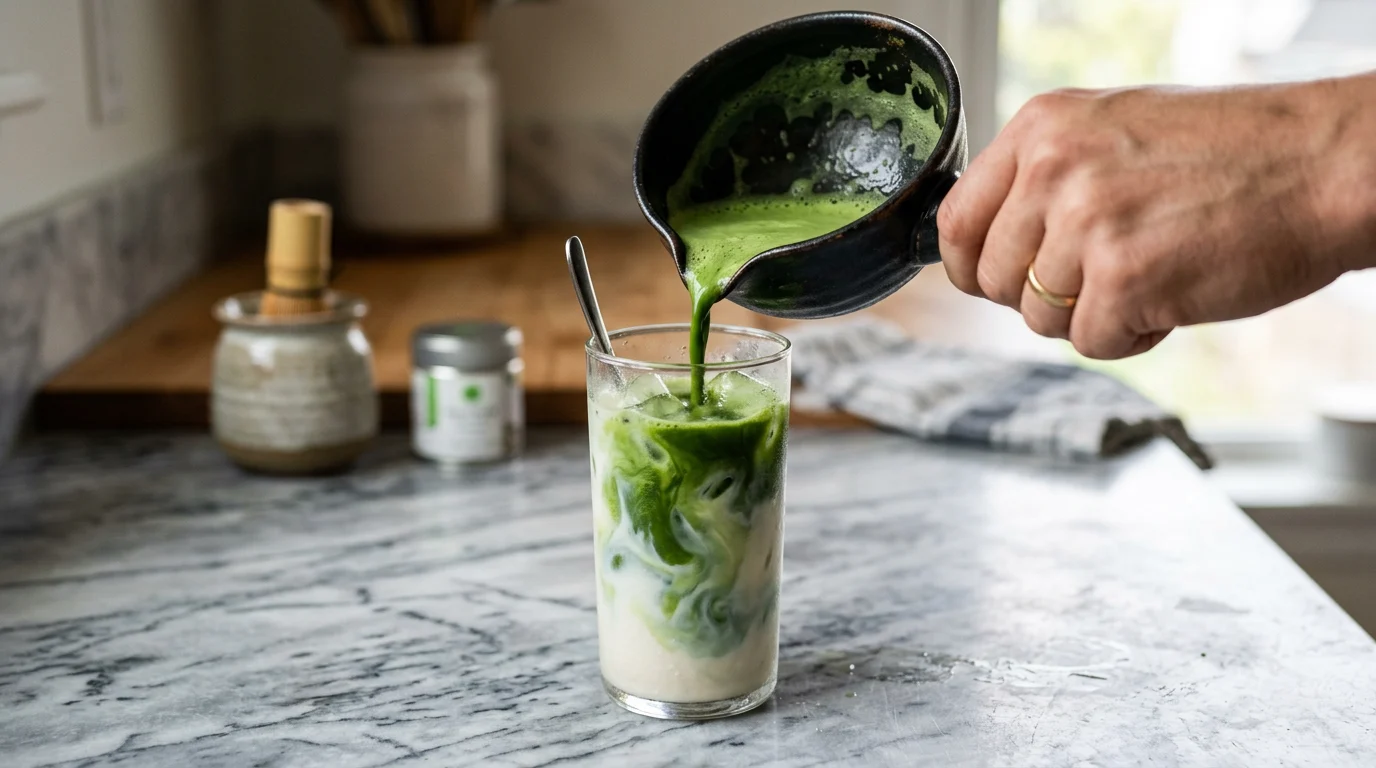 Step-by-step process of pouring frothy matcha over iced oat milk to make a perfect matcha latte at home.