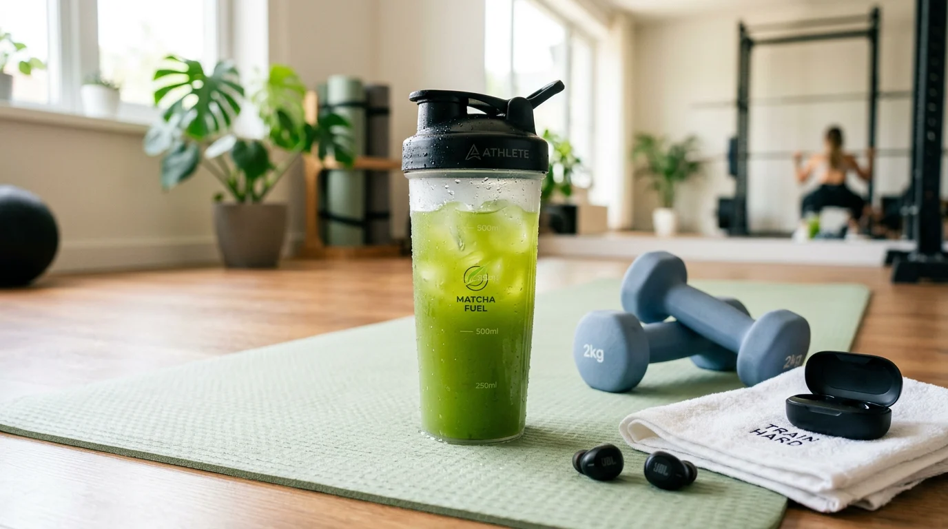 A refreshing glass of iced matcha green tea next to workout gear to support metabolism and fat burning.