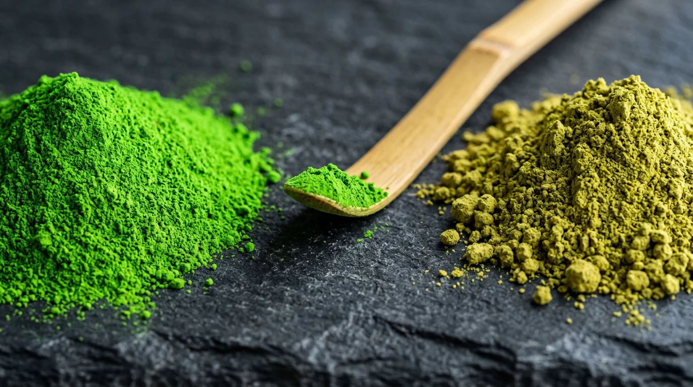 Macrocomparación en primer plano de matcha ceremonial verde eléctrico y matcha en polvo de calidad culinaria amarillento