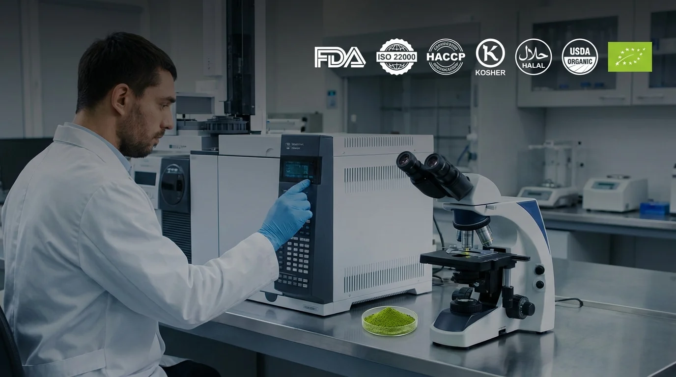 CHTMatcha global food safety laboratory and certifications including FDA, HACCP, ISO 22000, and USDA organic matcha 600+ pesticide residue tests.
