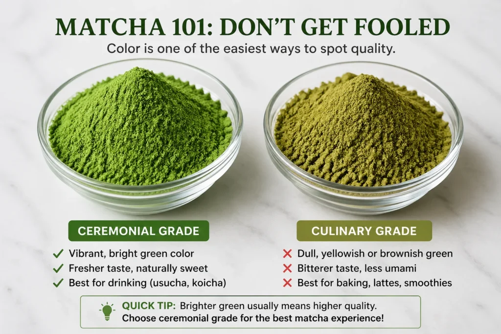 Side-by-side color comparison showing bright green high-quality ceremonial matcha next to dull yellowish culinary grade matcha.