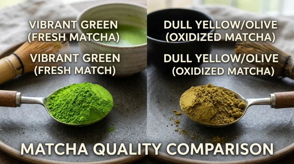 Ein Farbvergleich von frischem Matcha in leuchtendem Grün und oxidiertem Matcha in stumpfem Gelb zeigt, woran man erkennt, ob Matcha schlecht ist.