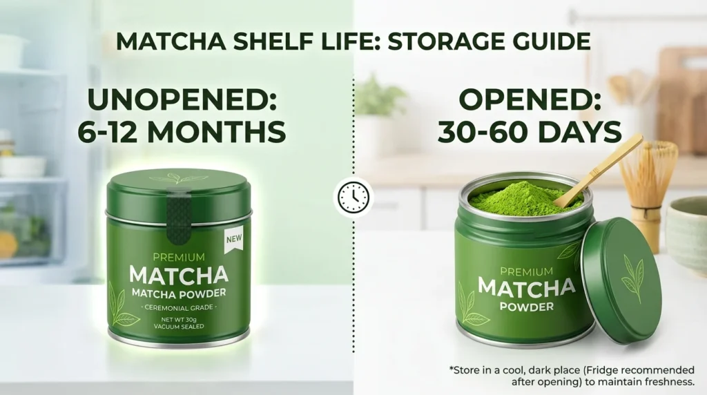 Ein Zeitstrahl zur Veranschaulichung der Haltbarkeit von Matcha: 6 bis 12 Monate ungeöffnet und 30 bis 60 Tage nach dem Öffnen.