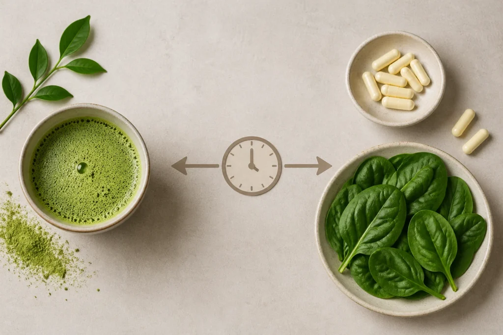 A visual reminder to drink matcha at least one to two hours apart from taking prenatal vitamins to protect iron absorption.