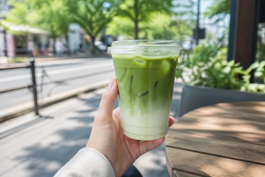 A refreshing iced matcha latte in a clear to-go cup, ordered with a customized low-sugar recipe.