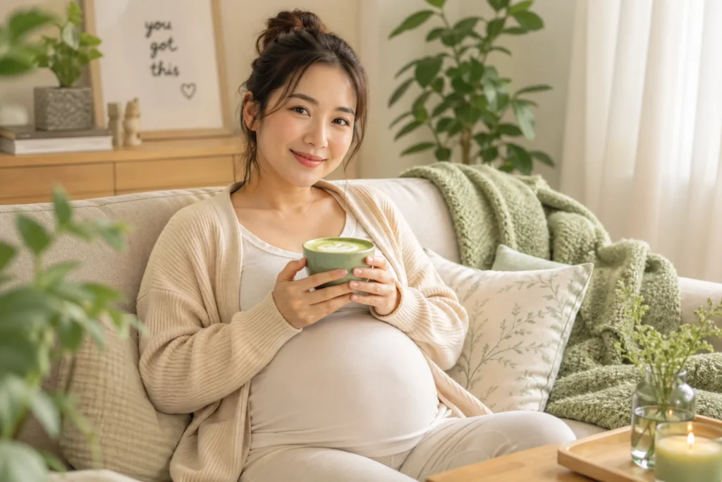 A pregnant woman relaxing on a sofa and smiling while holding a warm mug of green matcha latte.