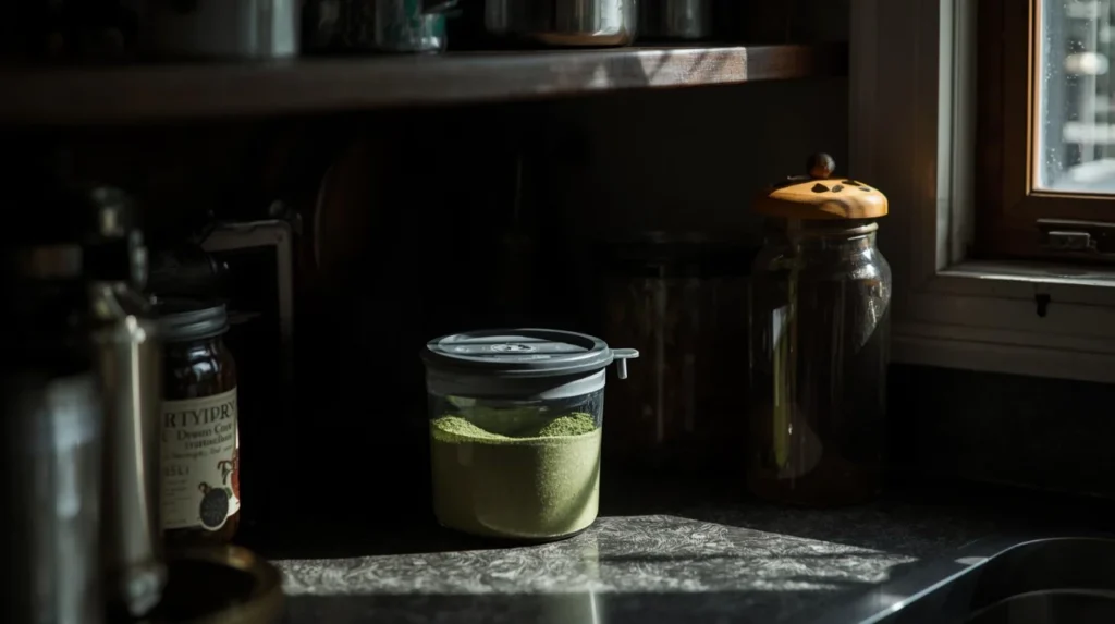 Matcha-Pulver richtig in einem undurchsichtigen, luftdichten Behälter aufbewahren, um es vor Oxidation, Licht und Feuchtigkeit zu schützen.