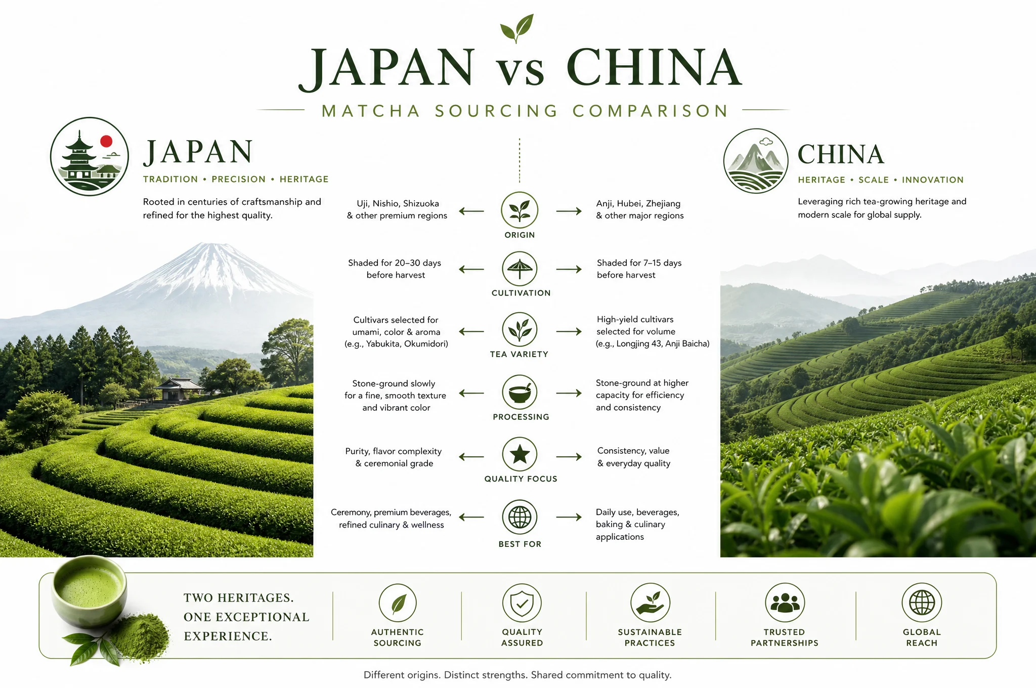 Japan vs China matcha sourcing comparison - Japanese tea terraces versus Chinese tea plantation landscape showing the geographic and quality differences