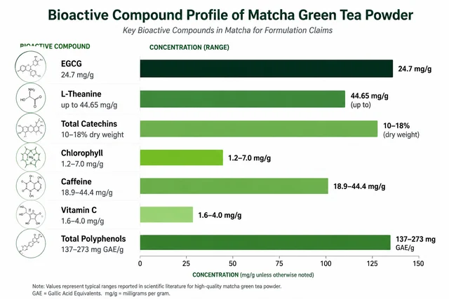 Bioactive compound profile of matcha green tea powder showing EGCG, L-Theanine, catechins, chlorophyll, caffeine, and polyphenol concentrations for food ingredient formulation