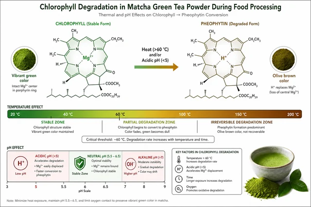 Scientific diagram showing chlorophyll degradation process in matcha green tea powder - molecular structure transition from chlorophyll to pheophytin above 60C with pH effect visualization