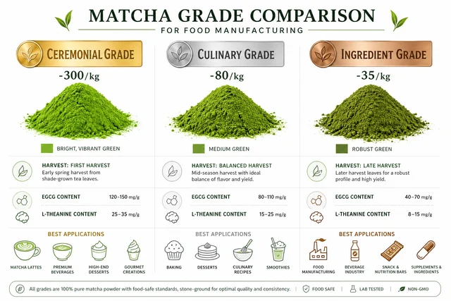 Matcha ingredient grade comparison infographic showing three grades: Ceremonial, Culinary, and Ingredient with pricing, composition, and best applications