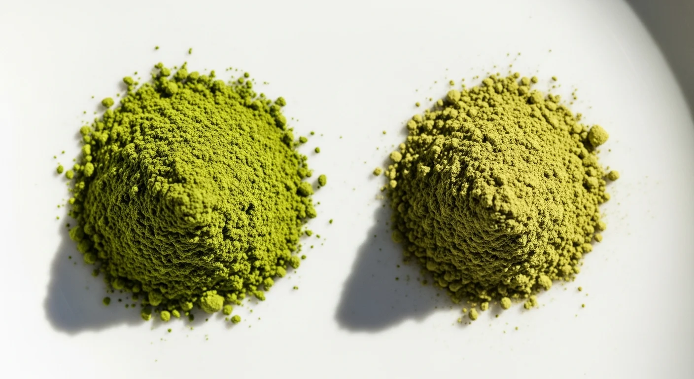 Side-by-side comparison of Japanese ceremonial matcha powder (vivid emerald green) versus Chinese culinary matcha (lighter yellow-green) on white surface