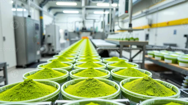 Matcha powder production in a food manufacturing facility, showing bright green fine-ground tea powder being processed for industrial ingredient applications