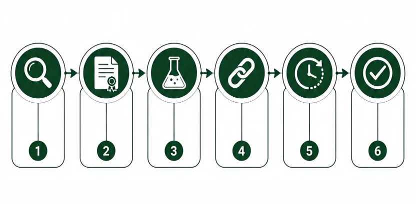 6-step supplier vetting process flowchart with icons for certification check, CoA review, sample testing, supply chain audit, MOQ evaluation, and reference check - dark green and white B2B style