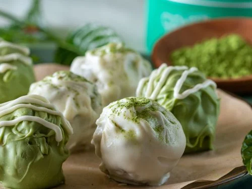 Matcha chocolate truffles demonstrating the use of matcha as both a natural green colorant and functional flavor in confectionery applications