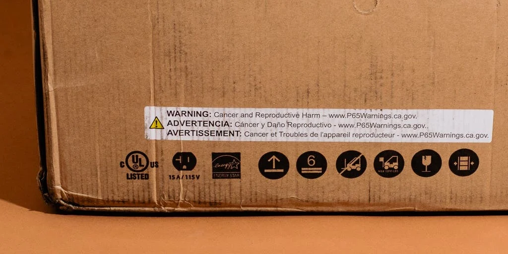 California Proposition 65 warning label example - required on products containing trace lead or other chemicals