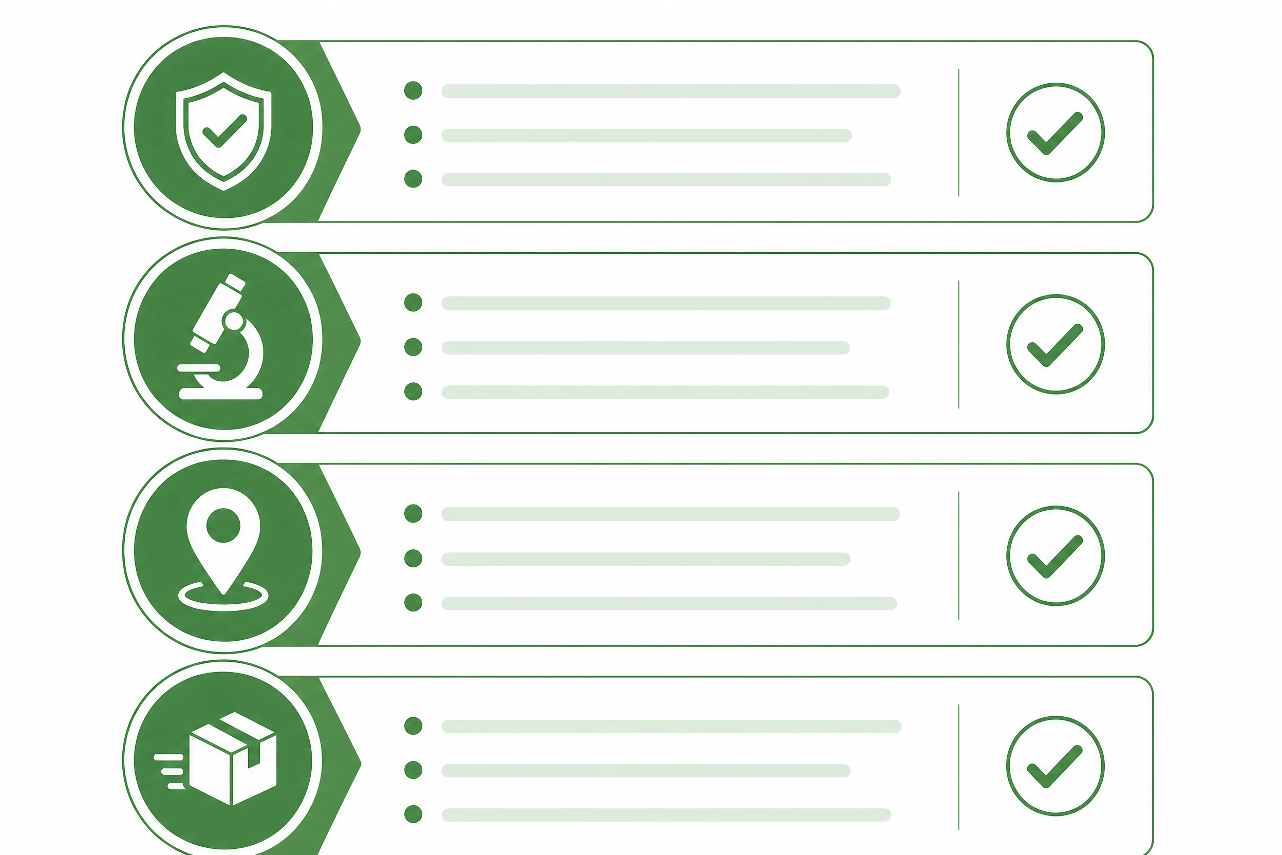 B2B matcha supplier evaluation checklist with 4 tiers: certifications, quality testing, traceability, and logistics - visual guide for sourcing matcha powder