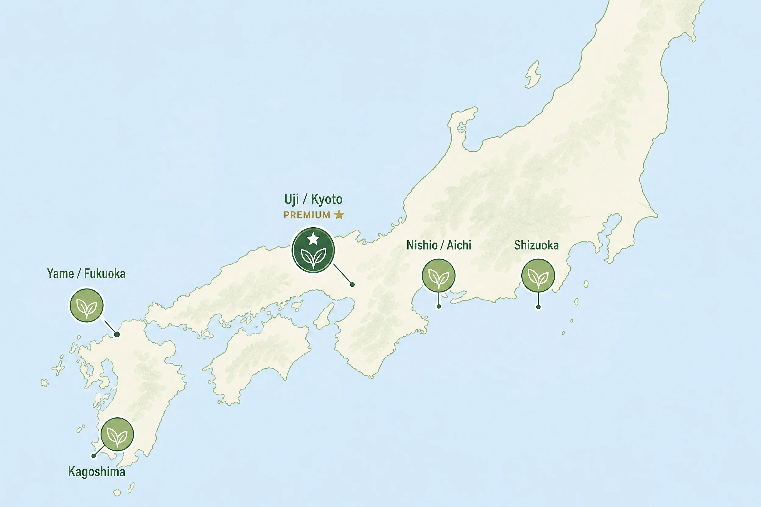 Map of Japan showing major matcha production regions - Uji Kyoto, Nishio Aichi, Kagoshima, Shizuoka, Yame Fukuoka - wholesale sourcing guide