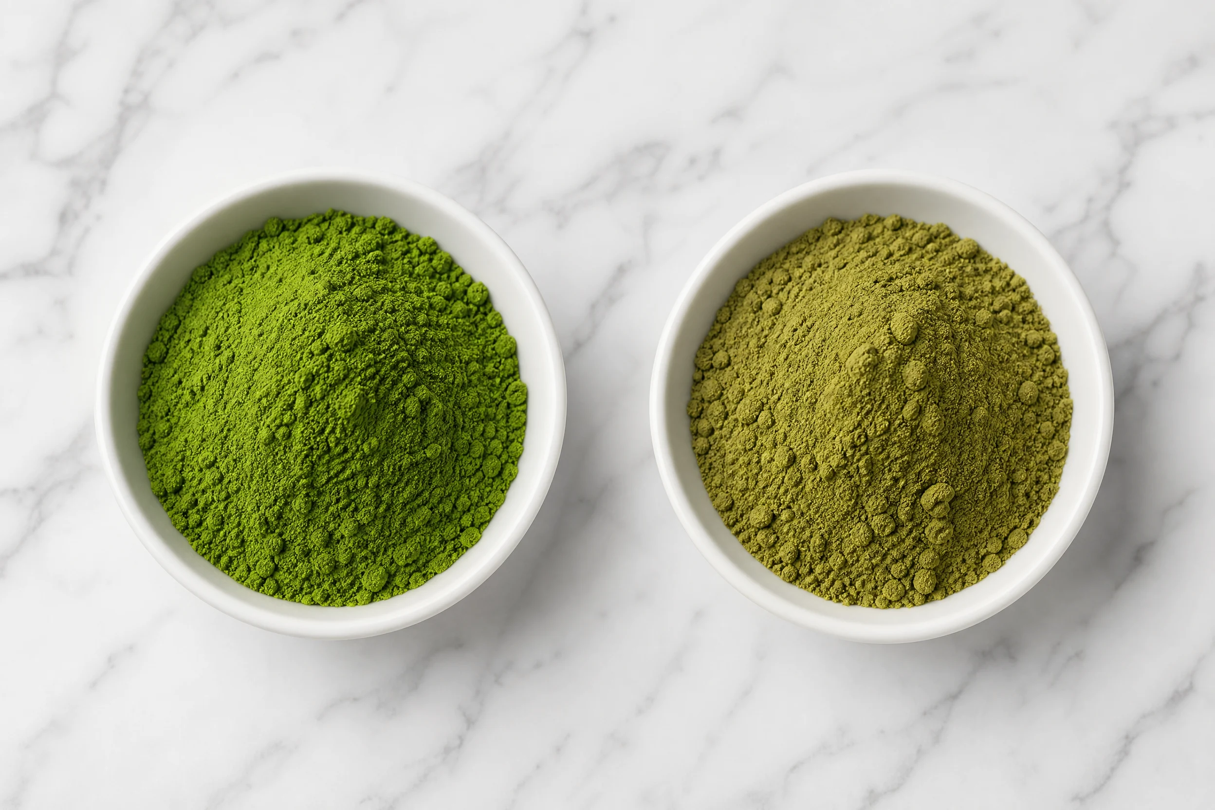 Matcha powder comparison showing color variance between two ceremonial-grade samples - Lab* color values differ visibly - B2B quality evaluation