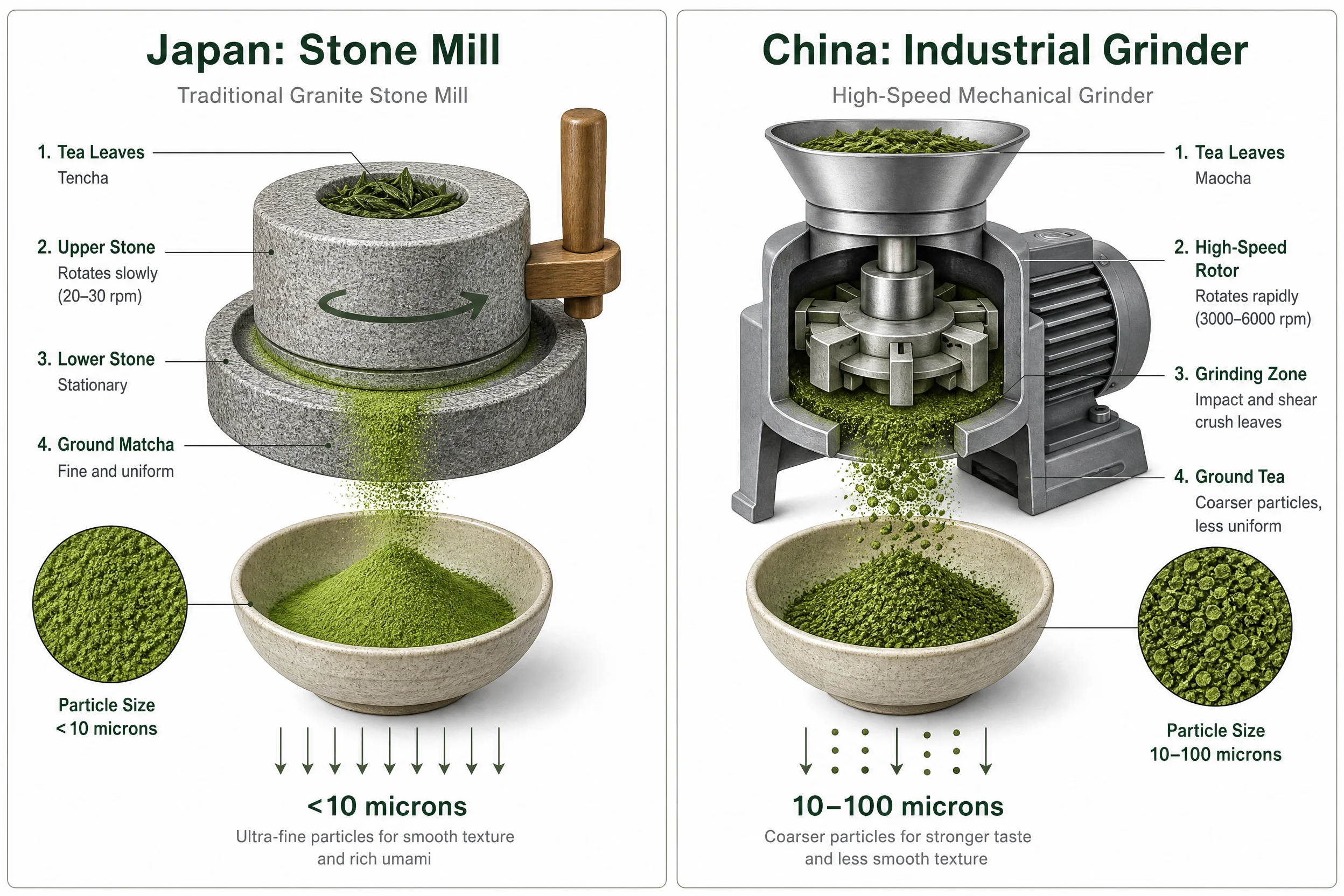 Comparison illustration of Japanese granite stone mill producing fine matcha particles versus Chinese industrial grinder