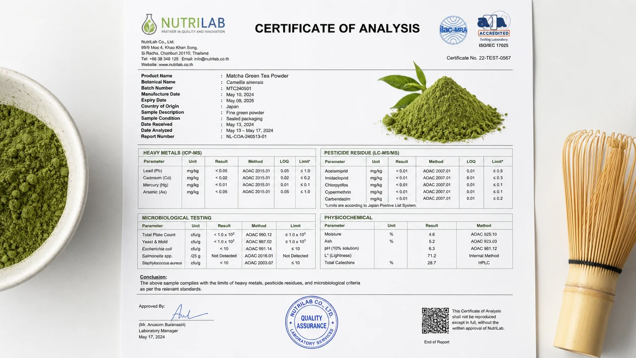 Example matcha Certificate of Analysis document showing lab results table with heavy metals panel, pesticide residues, microbiological testing, and ISO 17025 accreditation