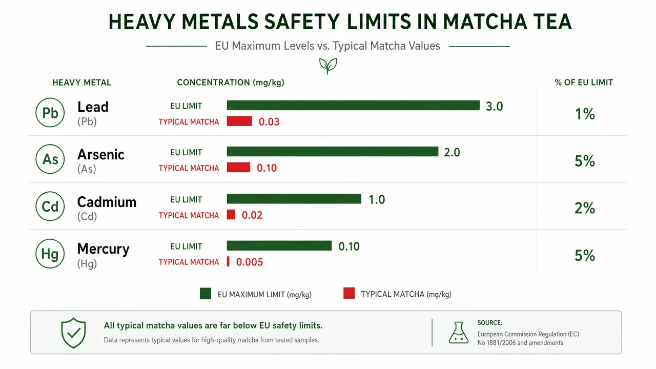 Matcha heavy metals safety limits comparison - EU regulation thresholds for Lead, Arsenic, Cadmium and Mercury in dried tea