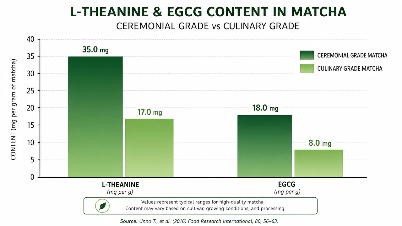 Bar chart comparing L-theanine and EGCG content between ceremonial and culinary grade matcha - peer-reviewed reference ranges