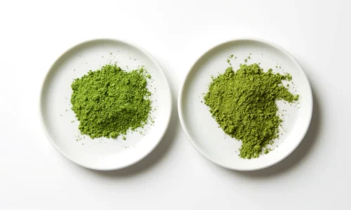 Color comparison between premium ceremonial grade and bulk culinary grade matcha powder