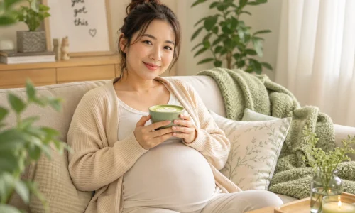 ソファでくつろぎ、温かい抹茶ラテのマグカップを持ちながら微笑む妊婦。.